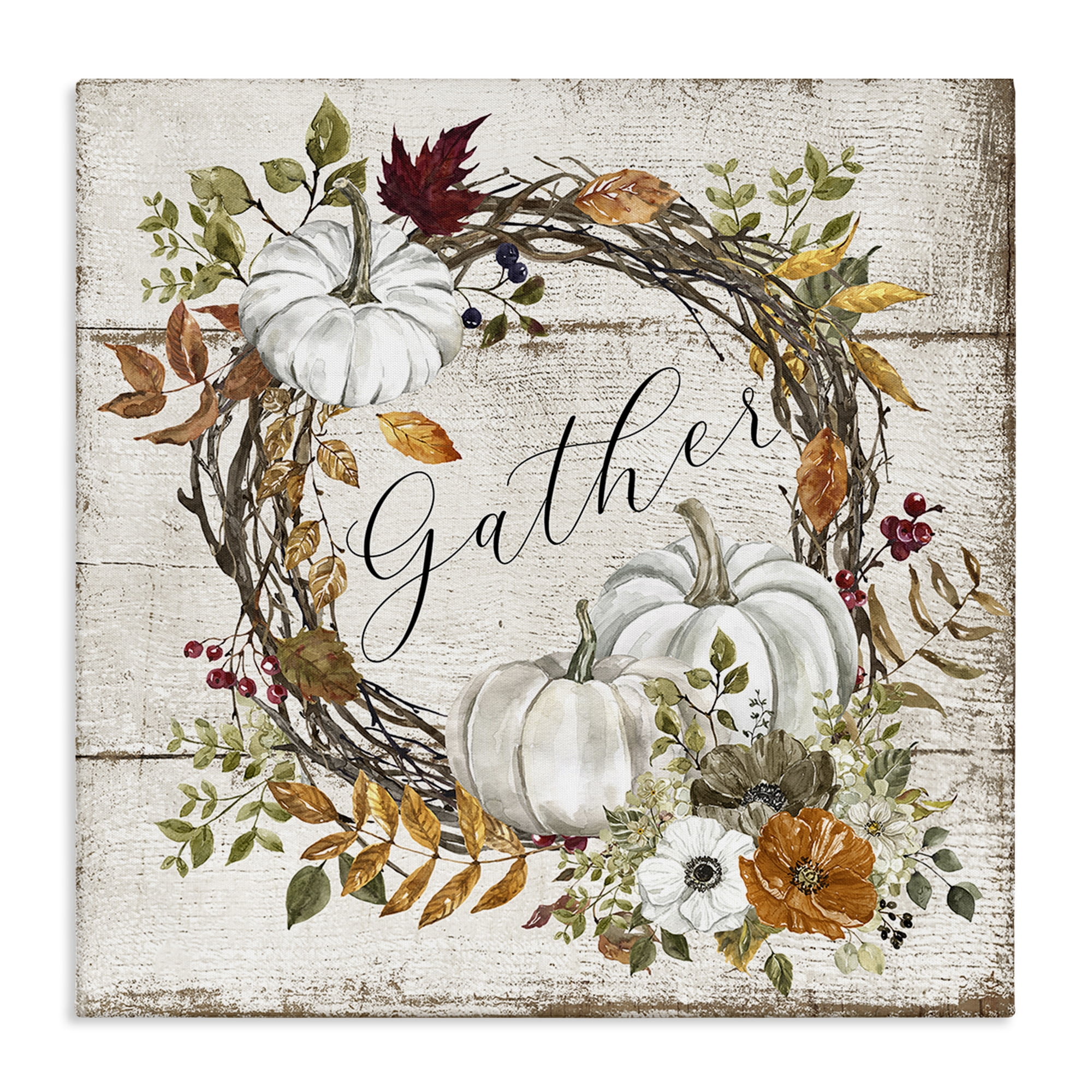 Stupell Industries Gather Autumnal Wreath Holiday Painting Gallery Wrapped Canvas Art Prints Wall Art, 30 x 30