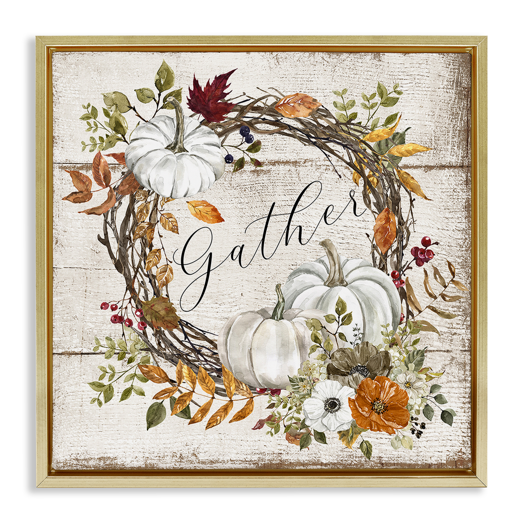 Stupell Industries Gather Autumnal Wreath Holiday Painting Gold Floater Framed Canvas Art Prints Wall Art, 18 x 18