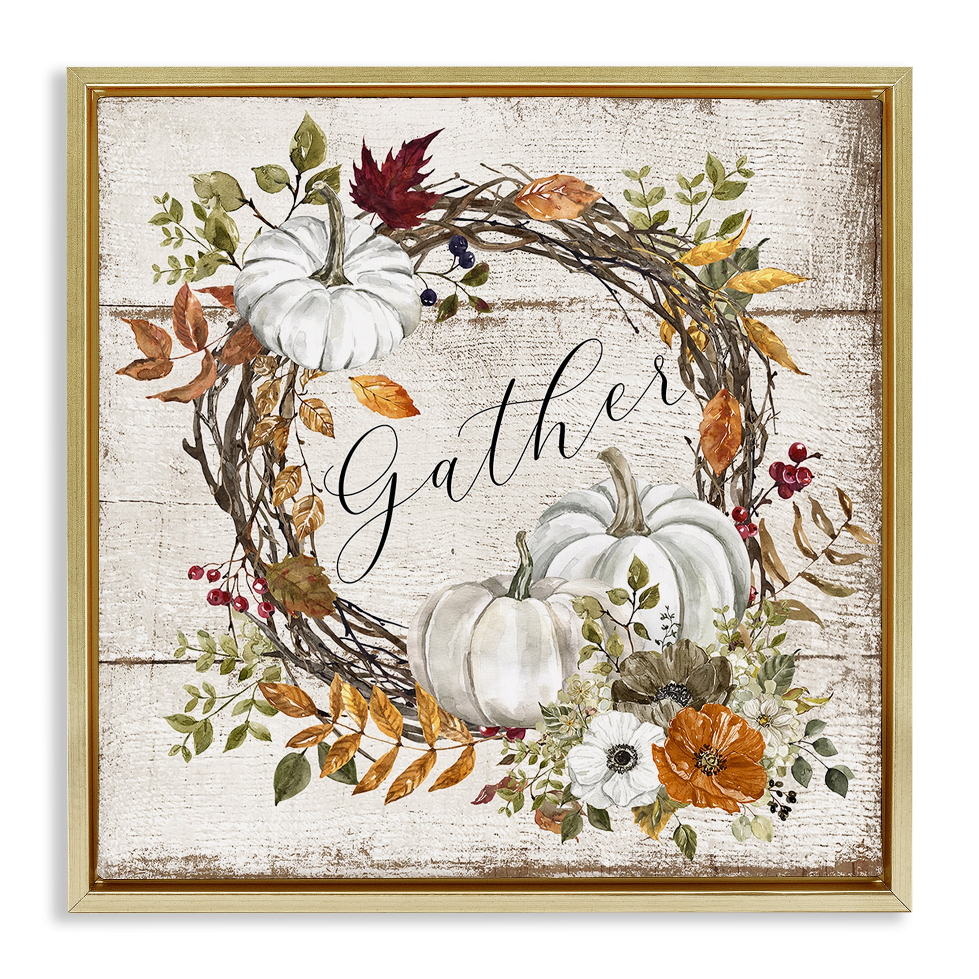 Stupell Industries Gather Autumnal Wreath Holiday Painting Gold Floater Framed Canvas Art Prints Wall Art, 25 x 25