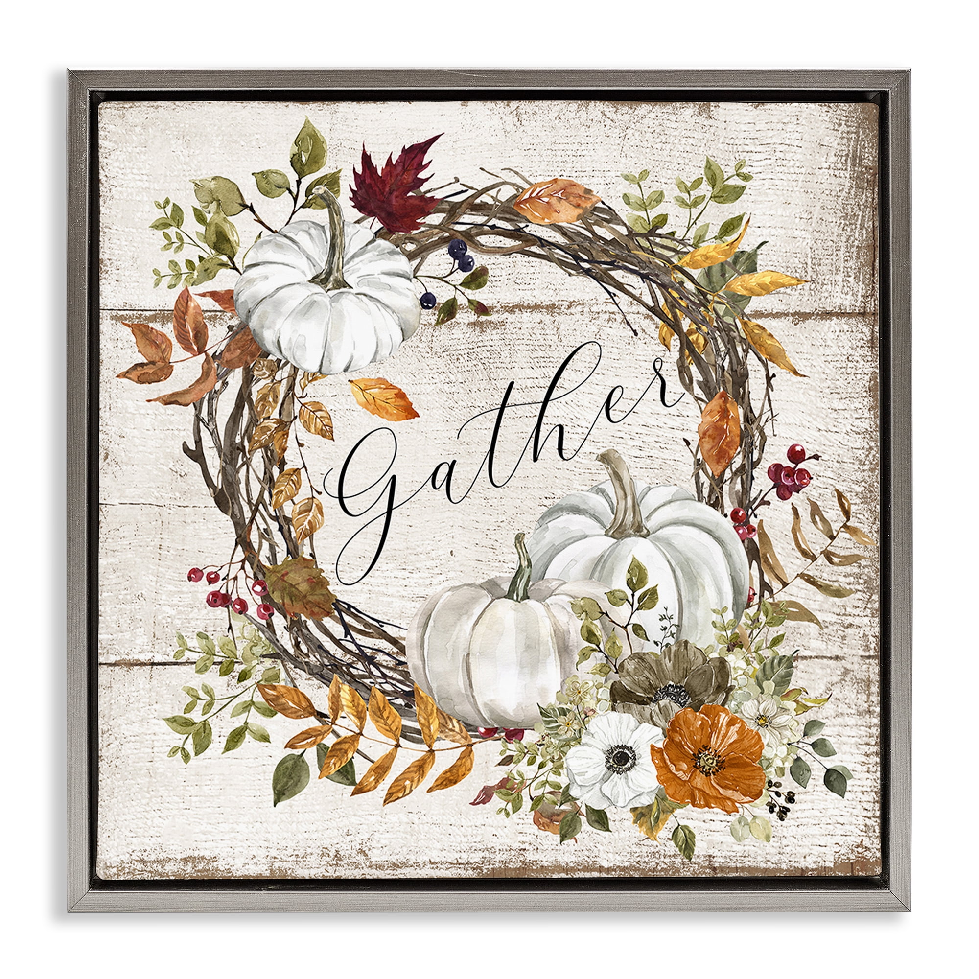 Stupell Industries Gather Autumnal Wreath Holiday Painting Gray Floater Framed Canvas Art Prints Wall Art, 25 x 25