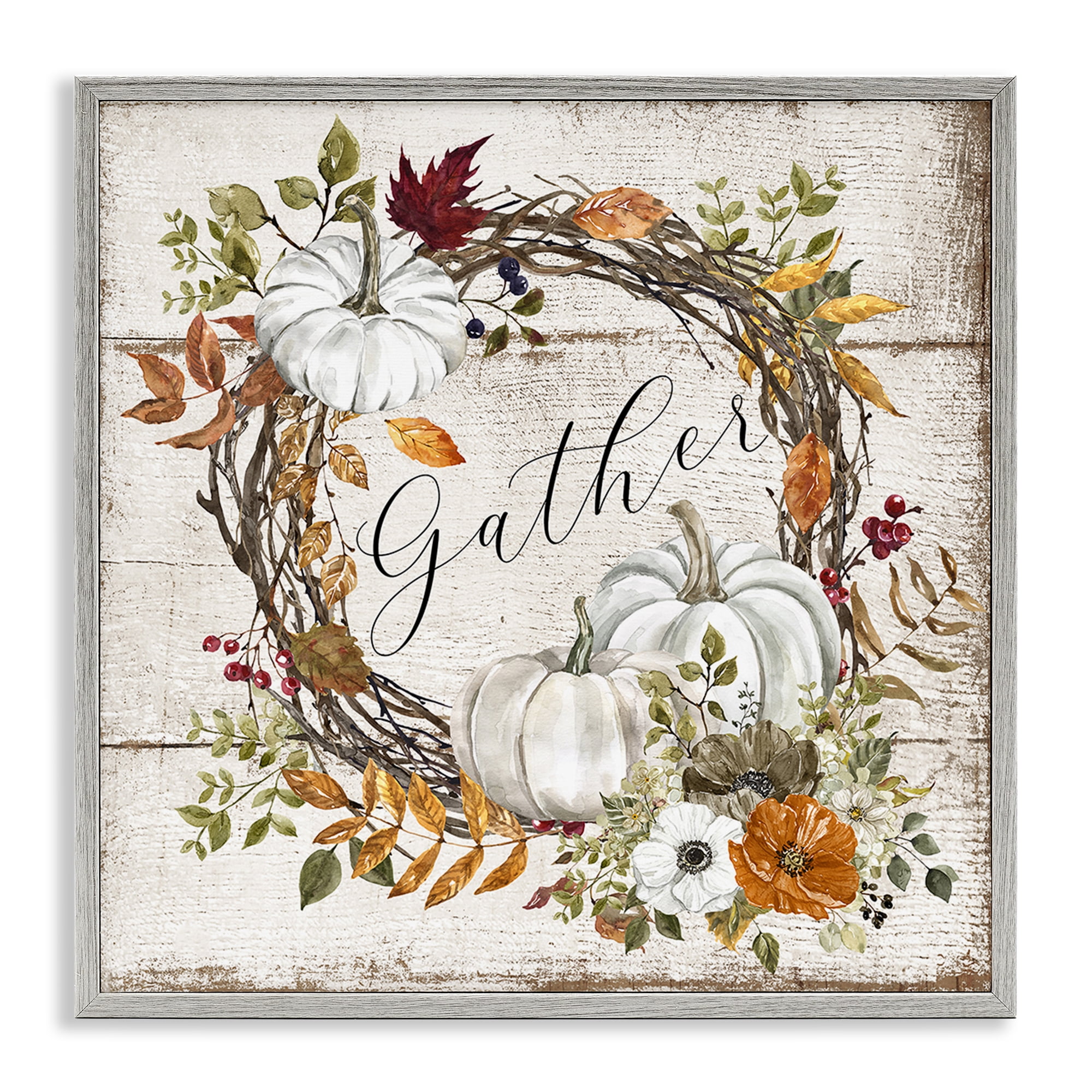 Stupell Industries Gather Autumnal Wreath Holiday Painting Gray Framed Art Prints Wall Art, 17 x 17