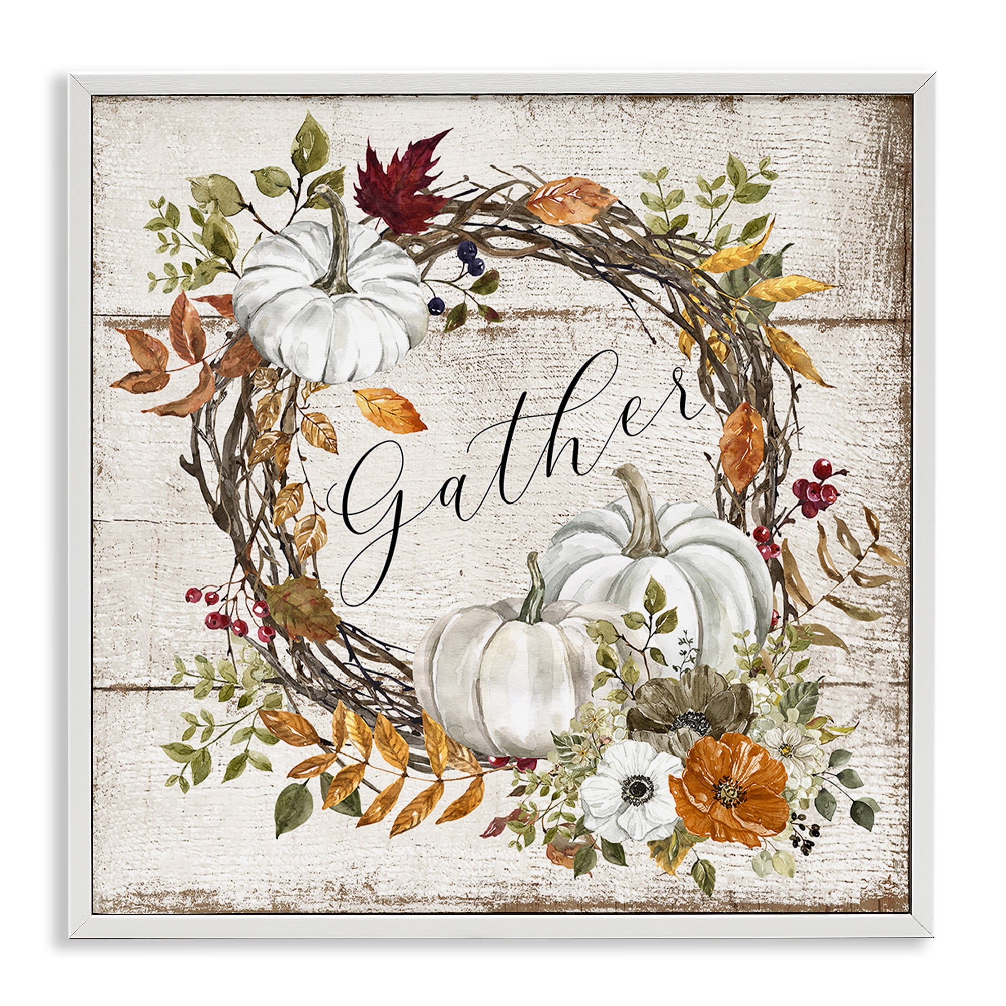 Stupell Industries Gather Autumnal Wreath Holiday Painting White Framed Art Prints Wall Art, 12 x 12