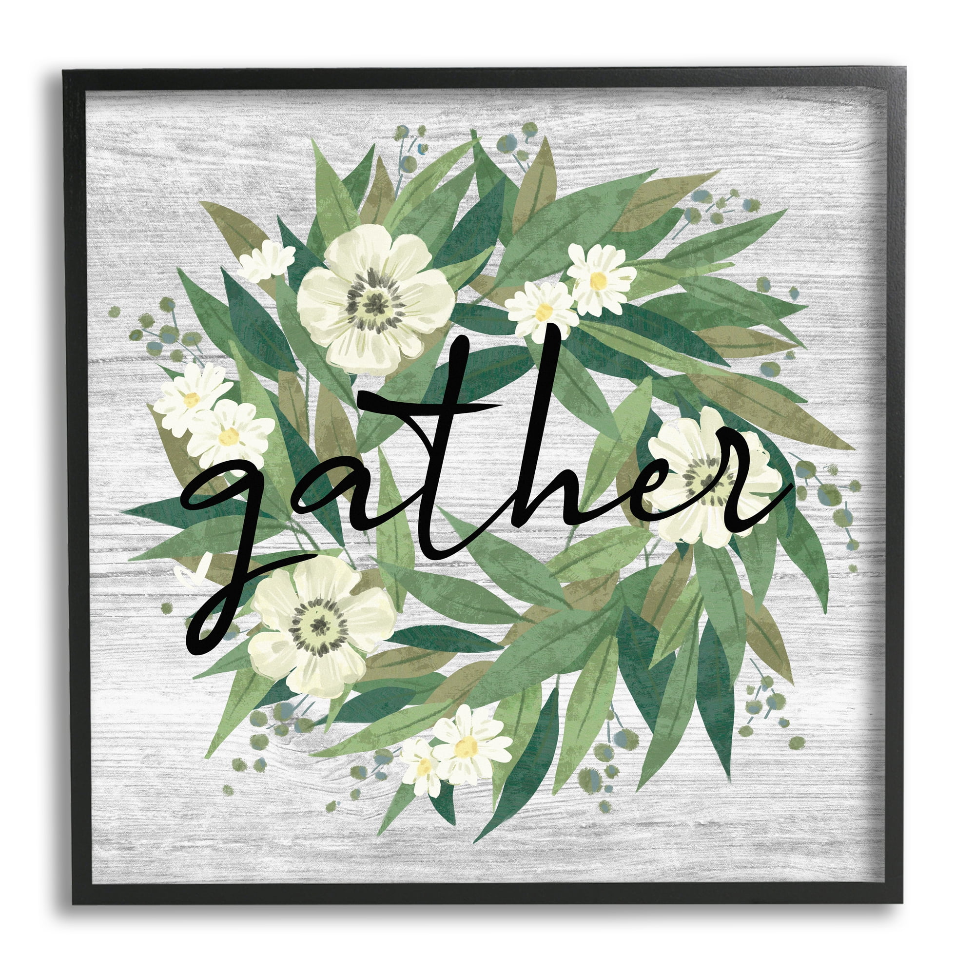 Stupell Industries Gather Calligraphy Flower Wreath Rustic Planked Pattern Graphic Art Black Framed Art Print Wall Art, Design by Ziwei Li