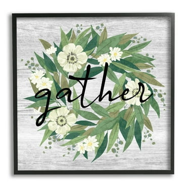 Stupell Industries Gather Calligraphy Flower Wreath Rustic Planked Pattern Graphic Art Black Framed Art Print Wall Art, Design by Ziwei Li