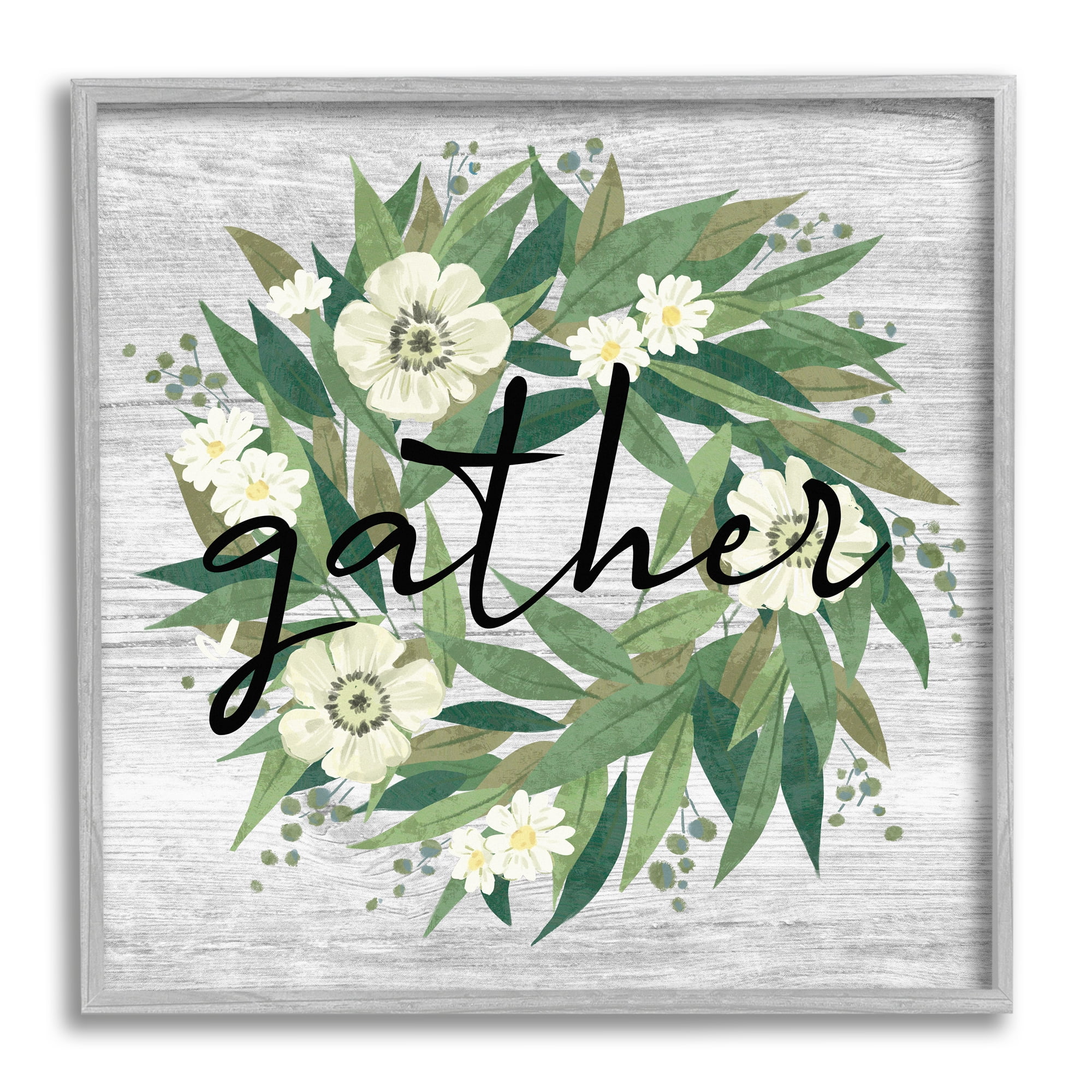 Stupell Industries Gather Calligraphy Flower Wreath Rustic Planked Pattern Graphic Art Gray Framed Art Print Wall Art, Design by Ziwei Li