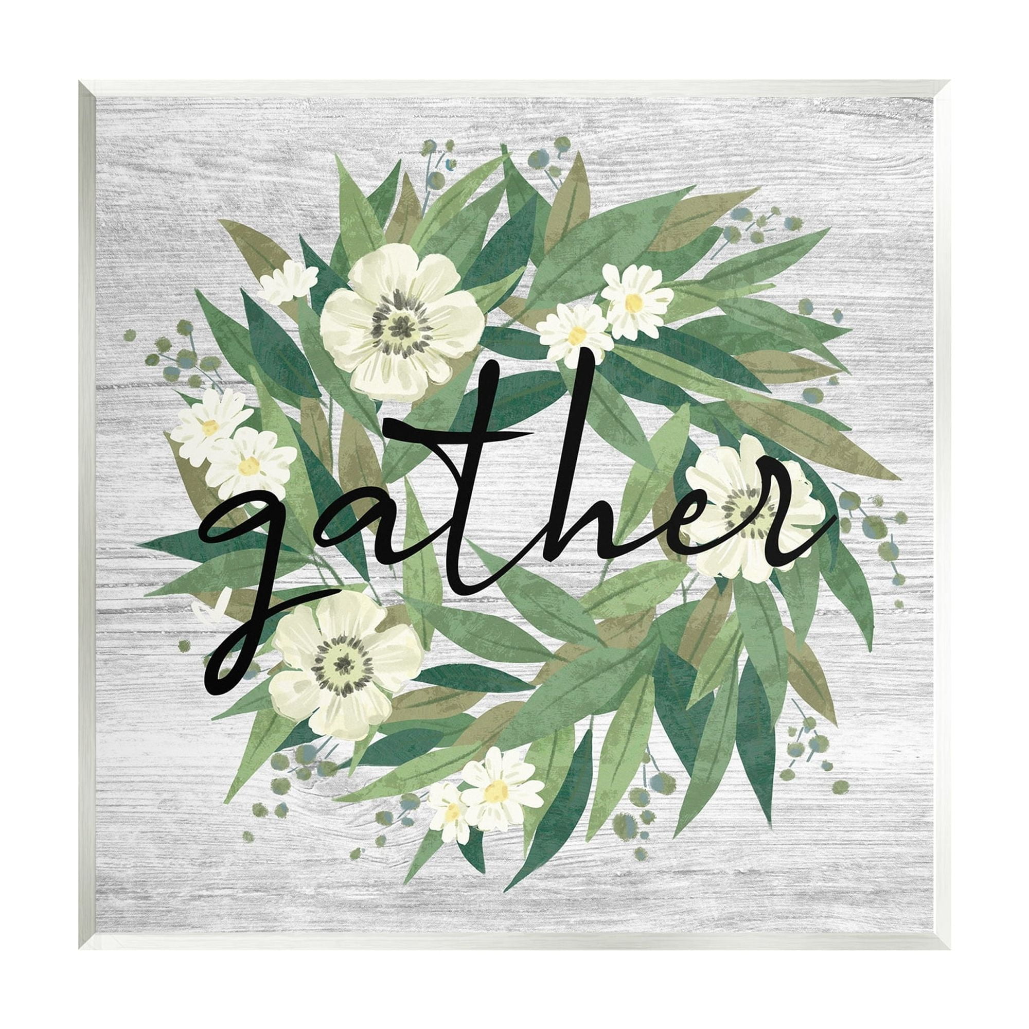 Stupell Industries Gather Calligraphy Flower Wreath Rustic Planked Pattern Graphic Art Unframed Art Print Wall Art, Design by Ziwei Li
