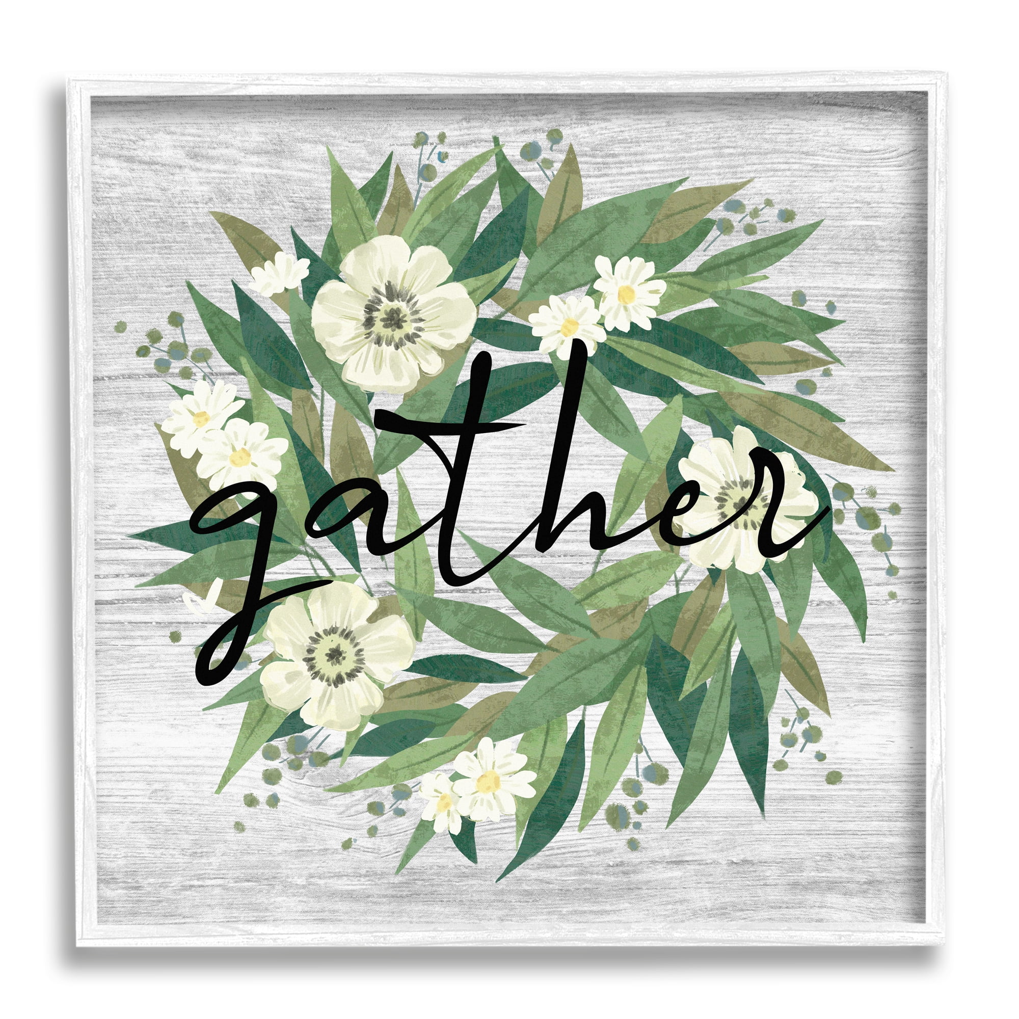 Stupell Industries Gather Calligraphy Flower Wreath Rustic Planked Pattern Graphic Art White Framed Art Print Wall Art, Design by Ziwei Li