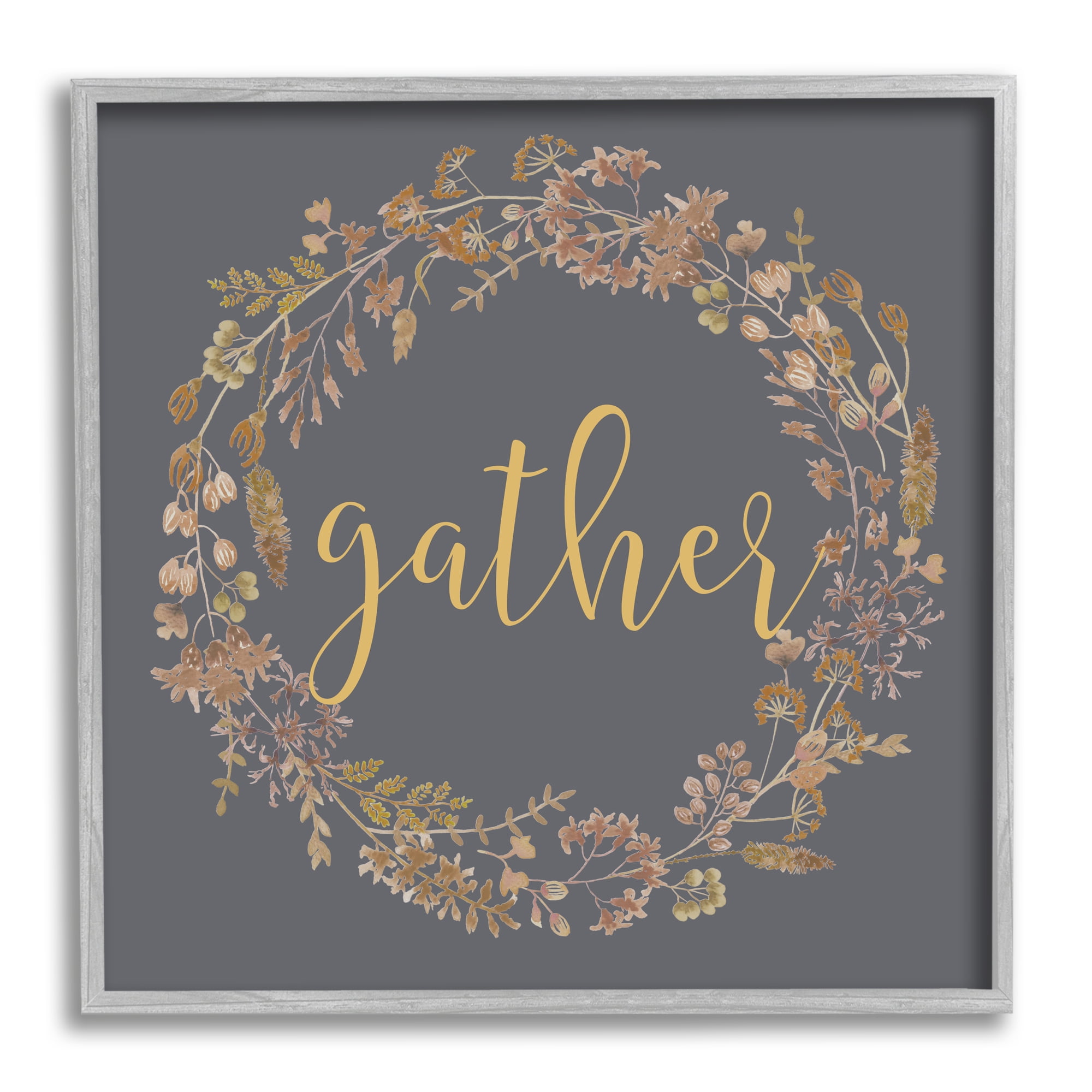 Stupell Industries Gather Calligraphy Rustic Autumn Botanical Blooms Wreath Graphic Art Gray Framed Art Print Wall Art, Design by Lettered and Lined