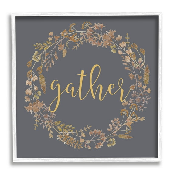 Stupell Industries Gather Calligraphy Rustic Autumn Botanical Blooms Wreath Graphic Art White Framed Art Print Wall Art, Design by Lettered and Lined