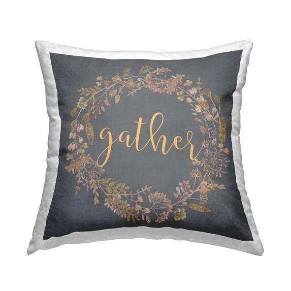Stupell Industries Gather Calligraphy Seasonal Botanical Wreath Design by Lettered and Lined Throw Pillow