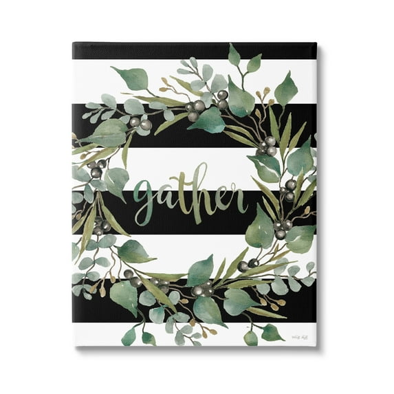 Stupell Industries Gather Calligraphy Stripes Pattern Wreath Botanicals Leaves Graphic Art Gallery Wrapped Canvas Print Wall Art, Design by Cindy Jacobs