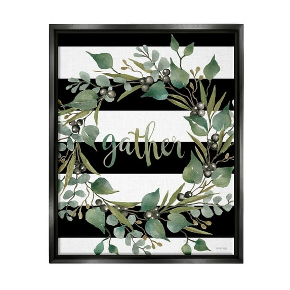Stupell Industries Gather Calligraphy Stripes Pattern Wreath Botanicals Leaves Graphic Art Jet Black Floating Framed Canvas Print Wall Art, Design by Cindy Jacobs