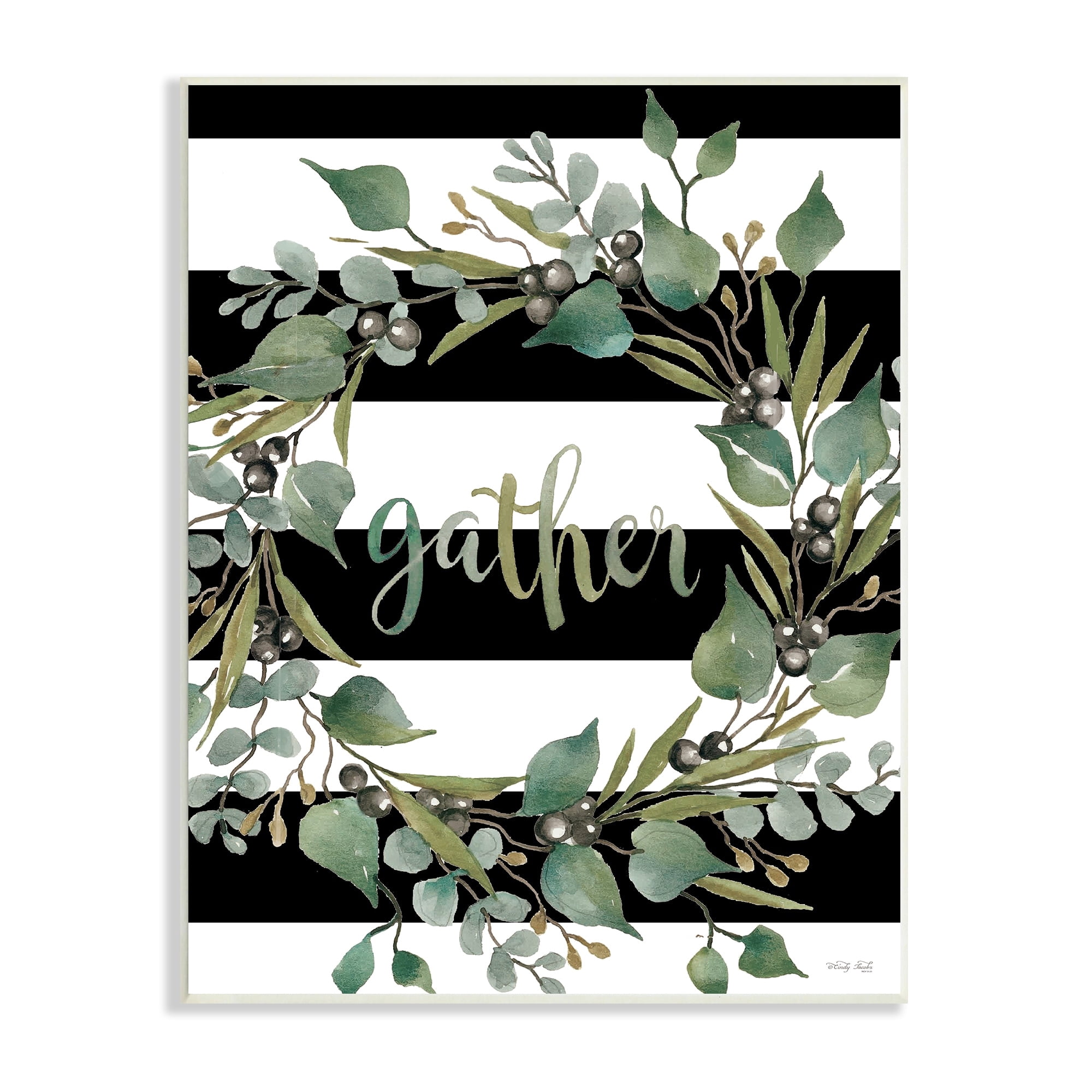 Stupell Industries Gather Calligraphy Stripes Pattern Wreath Botanicals Leaves Graphic Art Unframed Art Print Wall Art, Design by Cindy Jacobs