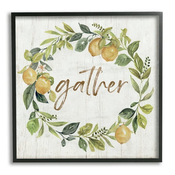 Stupell Industries Gather Circular Lemon Wreath Weathered Botanical Leaves Graphic Art Black Framed Art Print Wall Art, Design by Nan