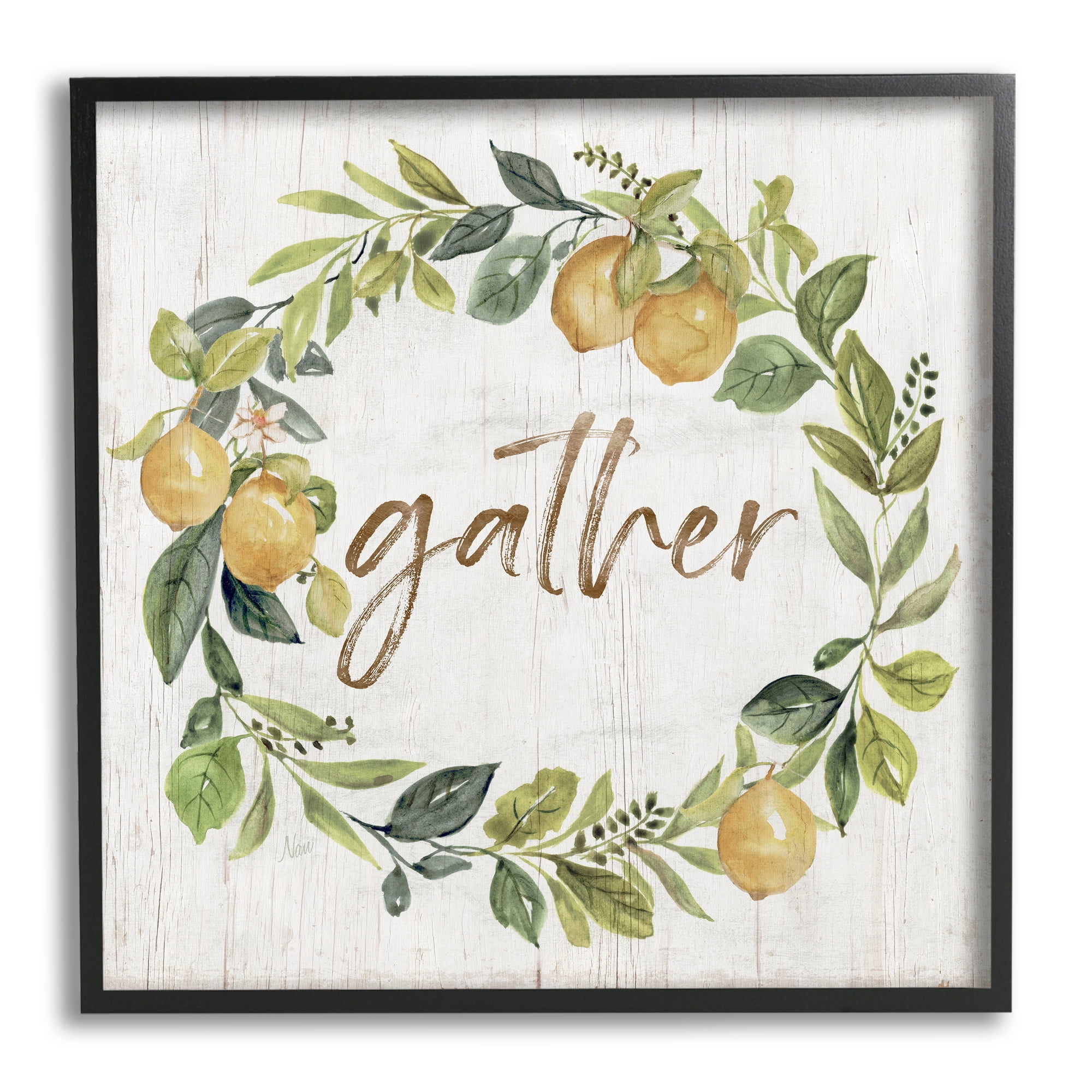 Stupell Industries Gather Circular Lemon Wreath Weathered Botanical Leaves Graphic Art Black Framed Art Print Wall Art, Design by Nan