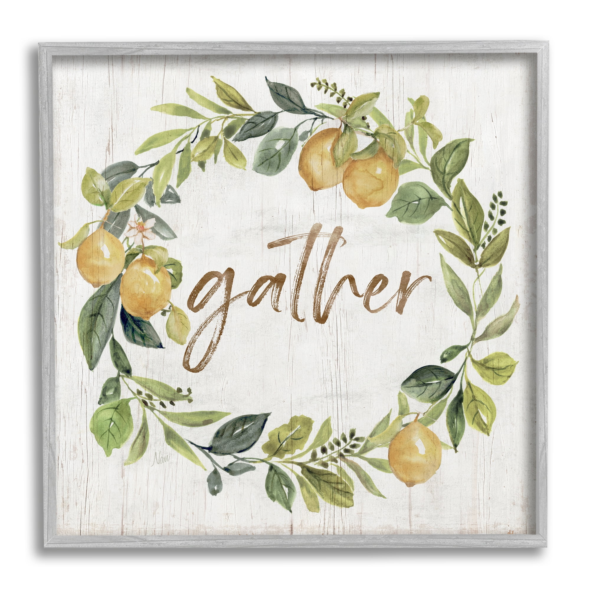 Stupell Industries Gather Circular Lemon Wreath Weathered Botanical Leaves Graphic Art Gray Framed Art Print Wall Art, Design by Nan