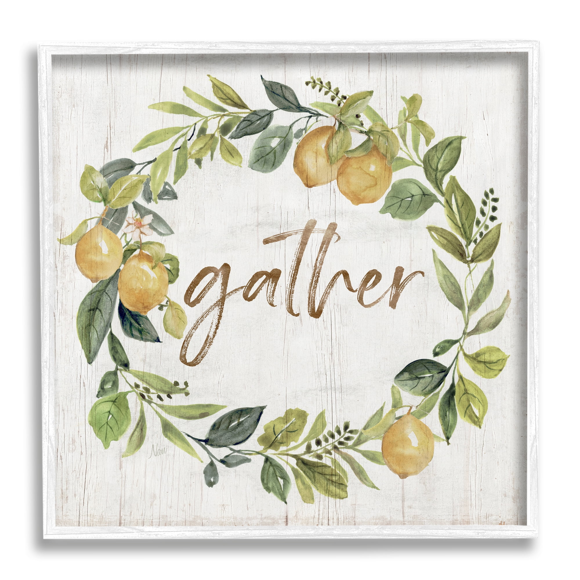 Stupell Industries Gather Circular Lemon Wreath Weathered Botanical Leaves Graphic Art White Framed Art Print Wall Art, Design by Nan