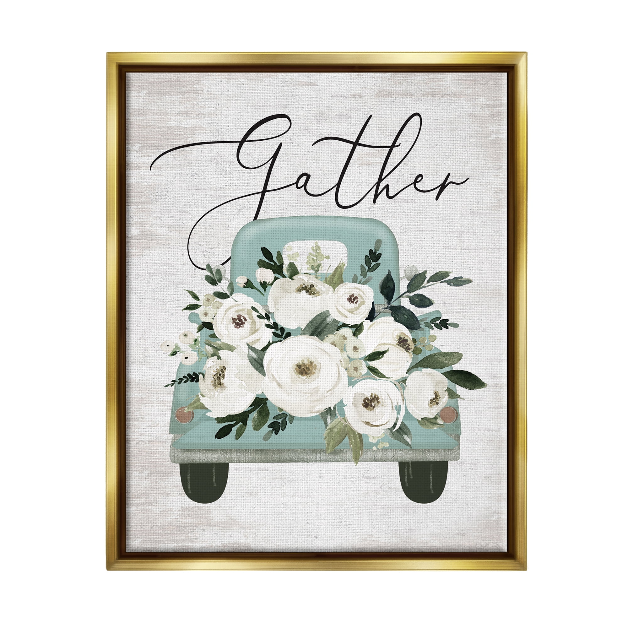 Stupell Industries Gather Floral Rose Truck Transportation Painting Gold Floater Framed Art Print Wall Art, 17 x 21