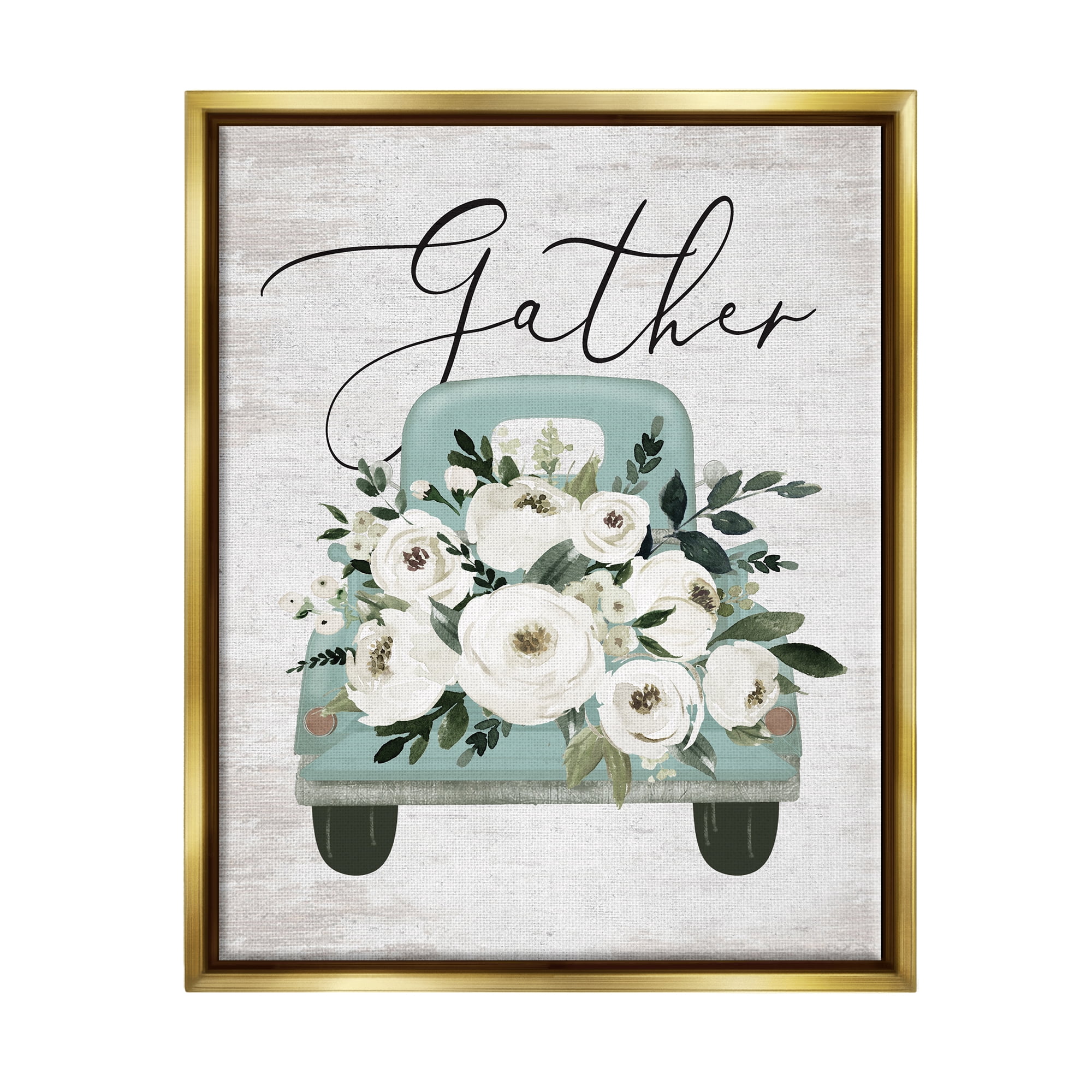 Stupell Industries Gather Floral Rose Truck Transportation Painting Gold Floater Framed Art Print Wall Art, 25 x 31