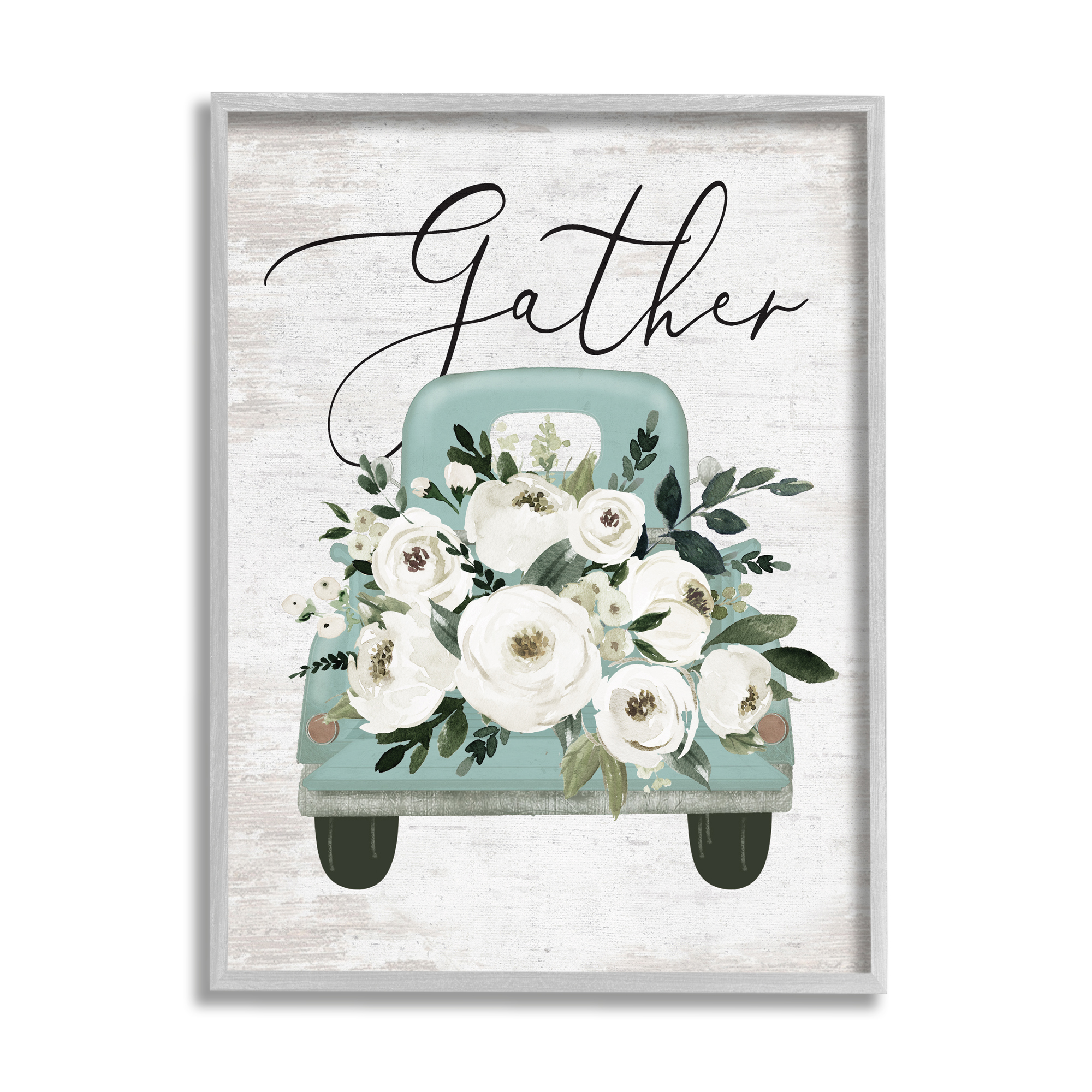 Stupell Industries Gather Floral Rose Truck Transportation Painting Gray Framed Art Print Wall Art, 11 x 14