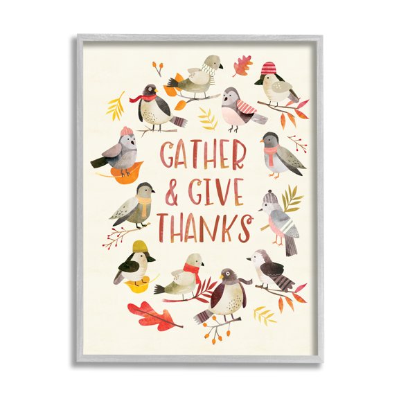 Stupell Industries Gather Give Thanks Acknowledgement Adorable Autumn Birds, 11 x 14, Designed by Laura Watson
