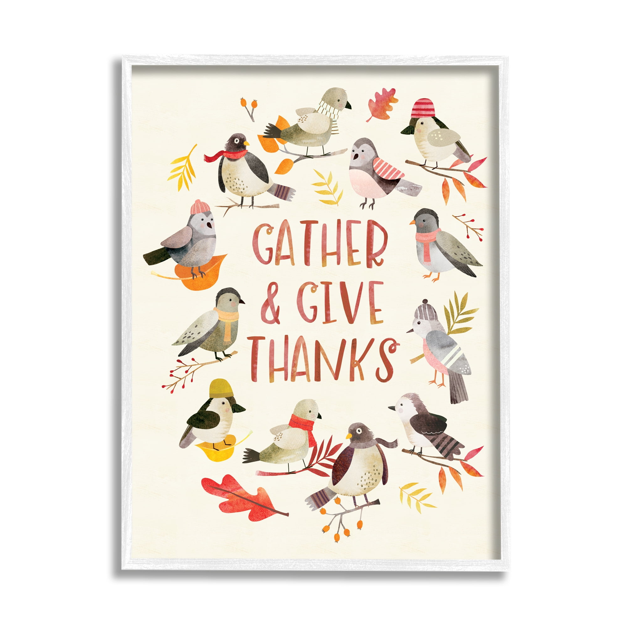 Stupell Industries Gather Give Thanks Acknowledgement Adorable Autumn Birds Country Painting White Framed Art Print Wall Art, 11 x 14, Design by Laura Watson