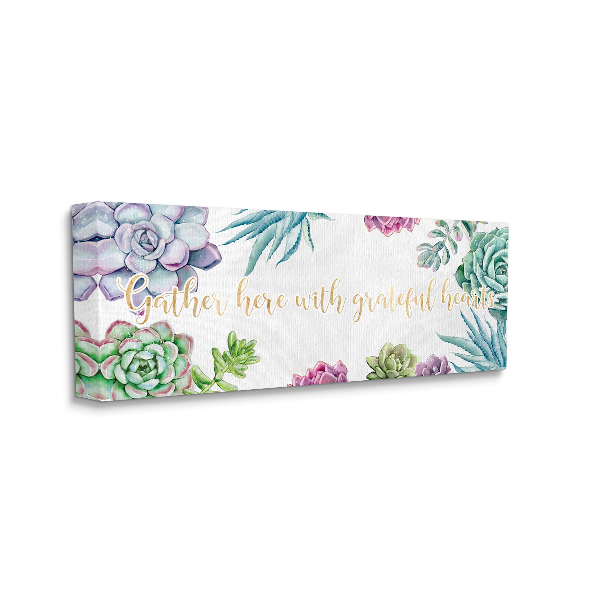 Stupell Industries Gather Here Grateful Hearts Phrase Blooming Succulents Botanical & Floral Painting Gallery Wrapped Canvas Art Print Wall Art, 10 x 24