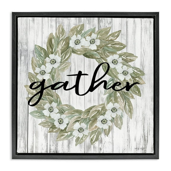 Stupell Industries Gather Greenery Wreath Typography Painting Black Floater Framed Canvas Art Print Wall Art, 18 x 18