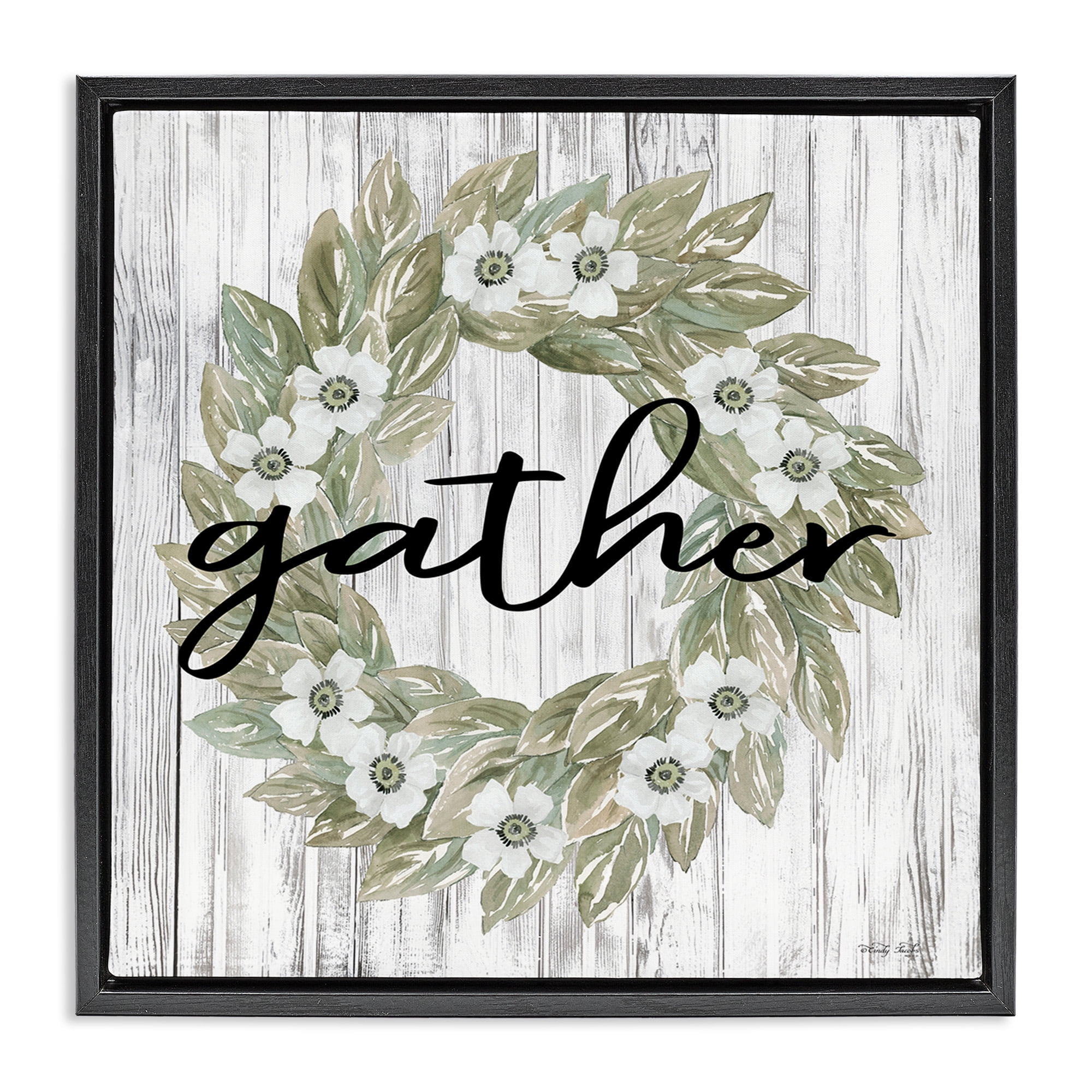 Stupell Industries Gather Greenery Wreath Typography Painting Black Floater Framed Canvas Art Print Wall Art, 25 x 25