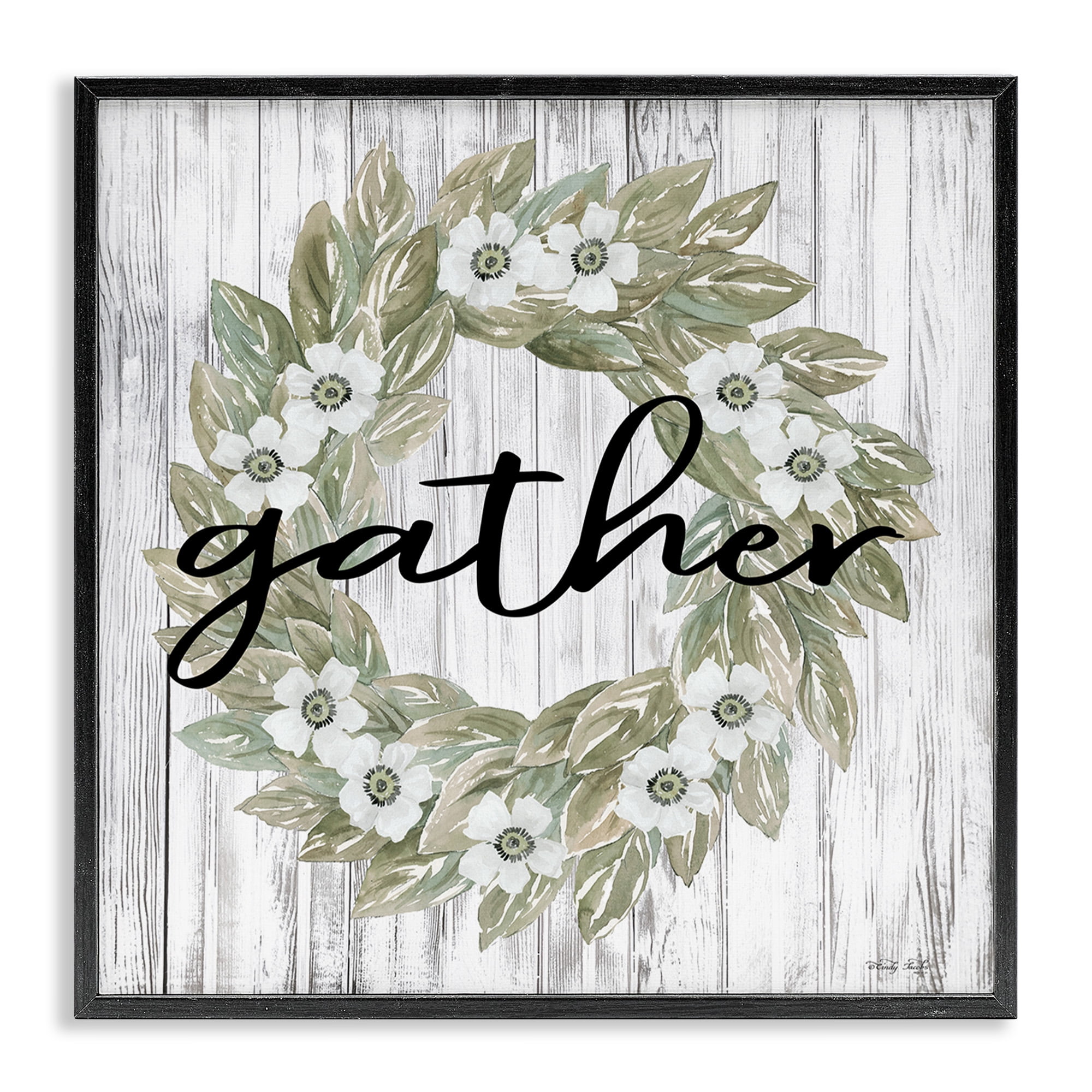 Stupell Industries Gather Greenery Wreath Typography Painting Black Framed Art Print Wall Art, 17 x 17