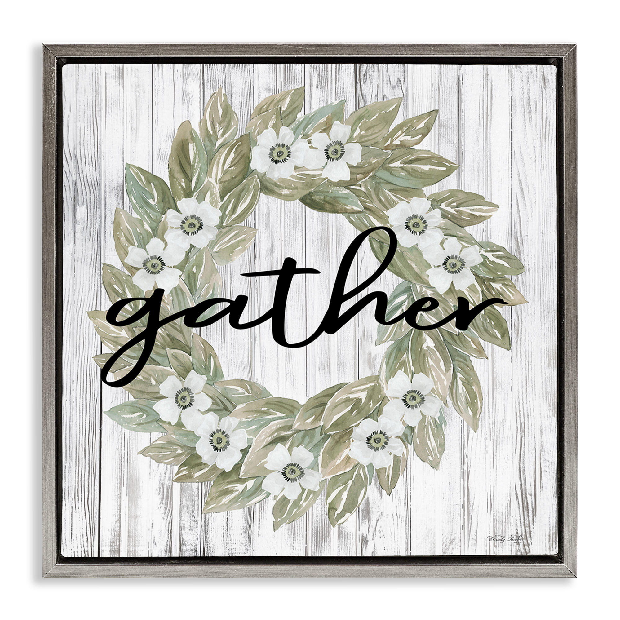 Stupell Industries Gather Greenery Wreath Typography Painting Gray Floater Framed Canvas Art Print Wall Art, 25 x 25