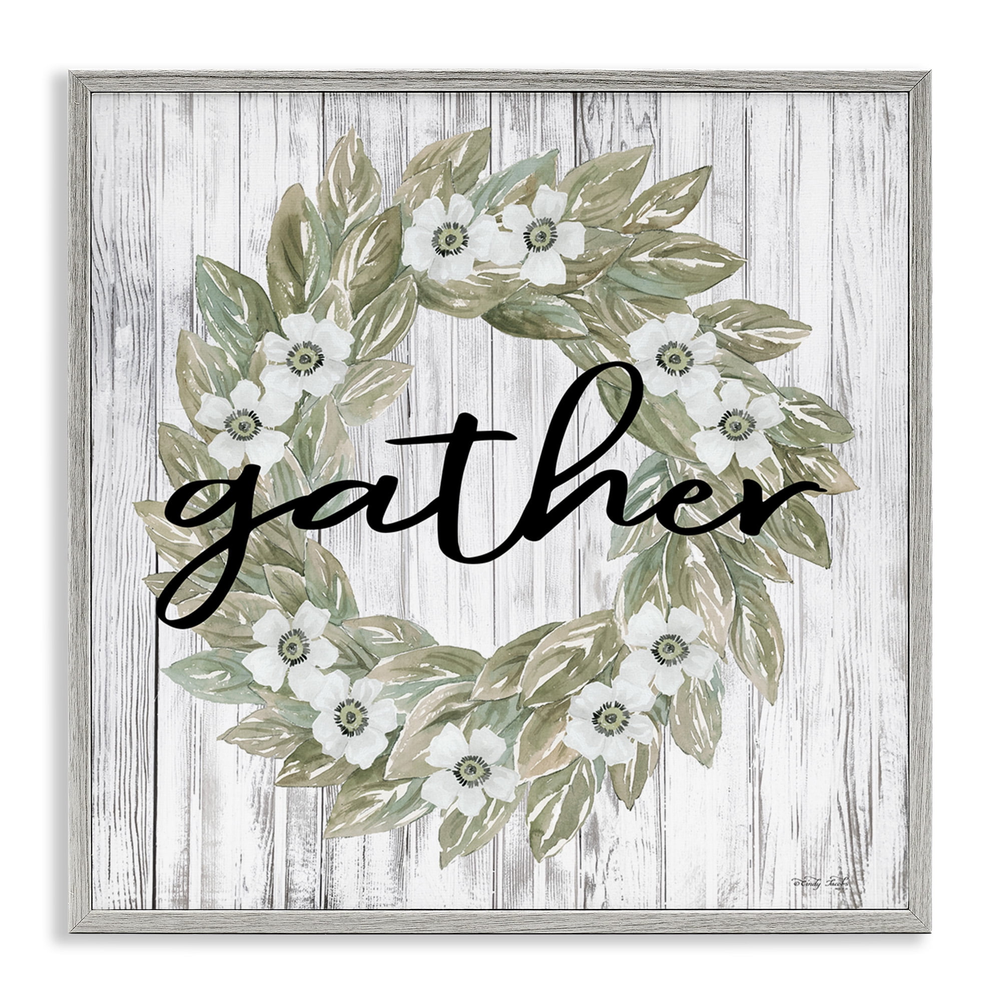 Stupell Industries Gather Greenery Wreath Typography Painting Gray Framed Art Print Wall Art, 17 x 17