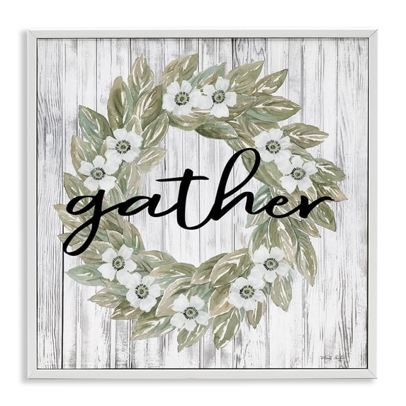 Stupell Industries Gather Greenery Wreath Typography Painting White Framed Art Print Wall Art, 12 x 12