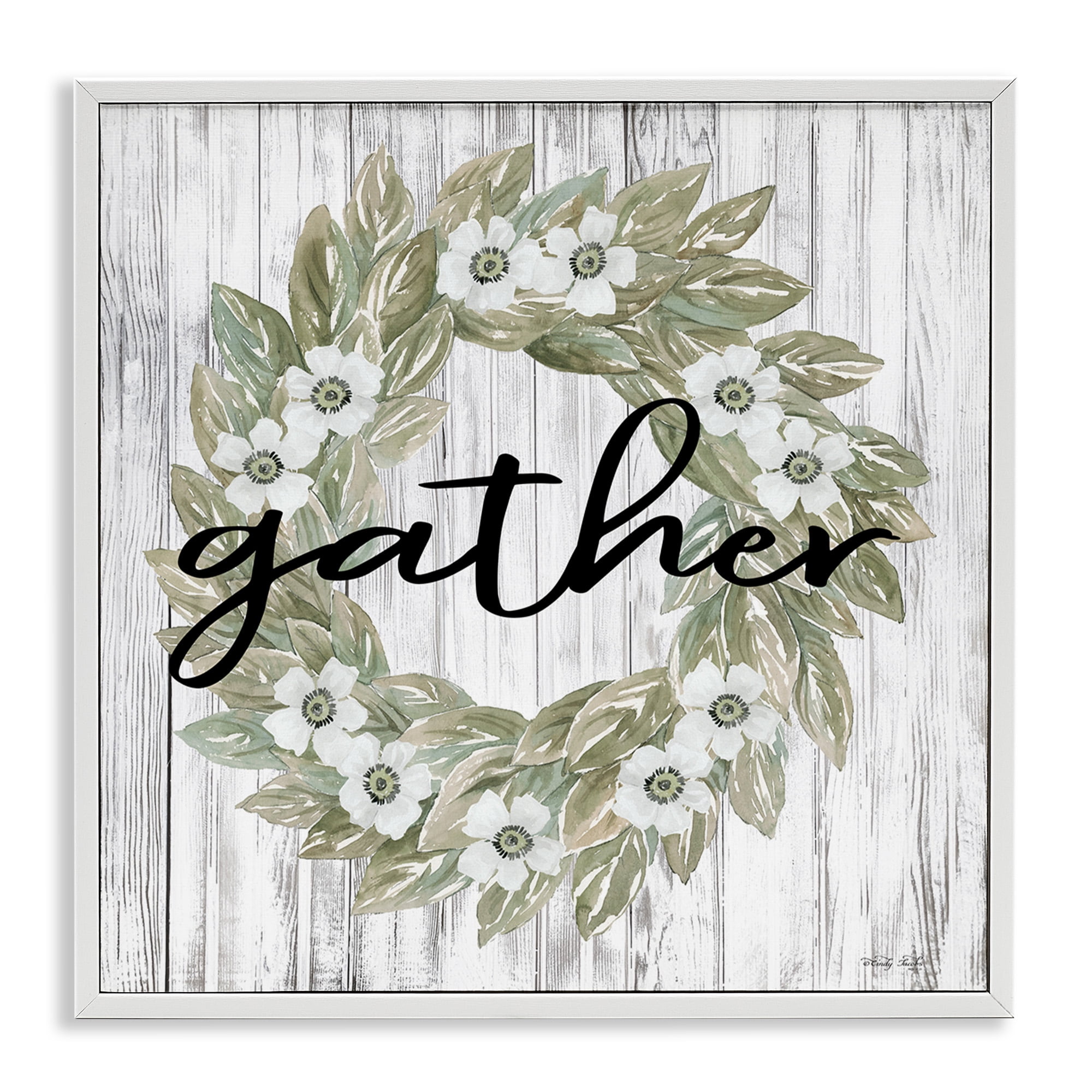 Stupell Industries Gather Greenery Wreath Typography Painting White Framed Art Print Wall Art, 17 x 17