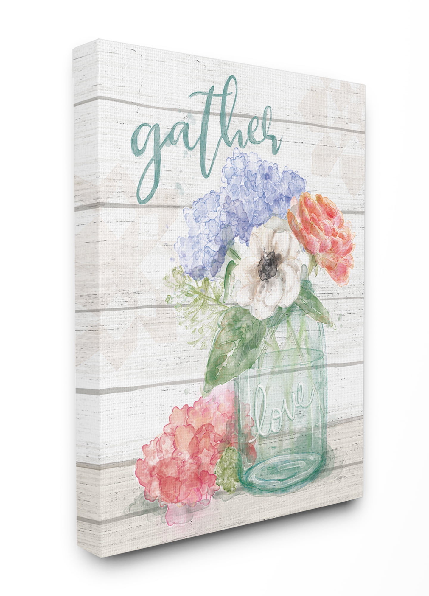 Stupell Industries Gather Love Flower Jar Rustic Wood Textured Word Design Canvas Wall Art by Mary Urban