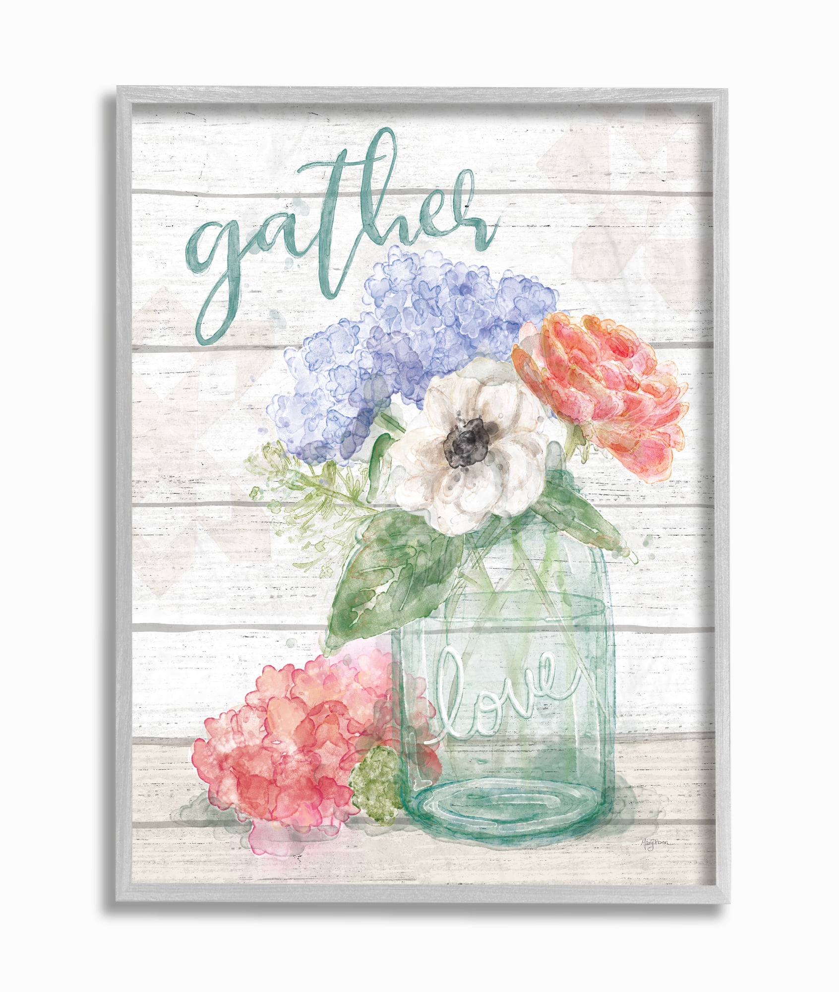 Stupell Industries Gather Love Flower Jar Rustic Wood Textured Word Design Framed Wall Art by Mary Urban