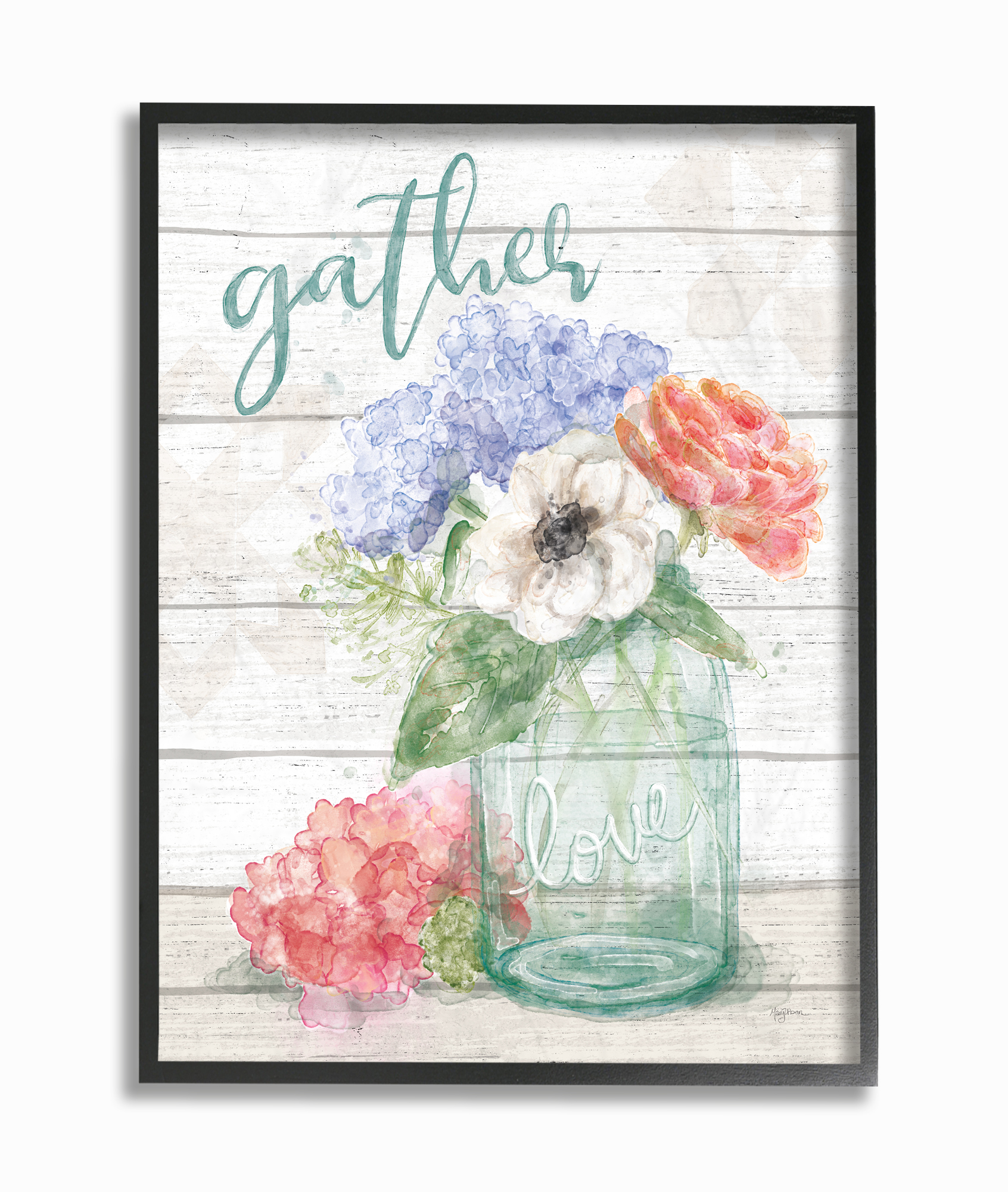 Stupell Industries Gather Love Flower Jar Rustic Wood Textured Word Design Framed Wall Art by Mary Urban