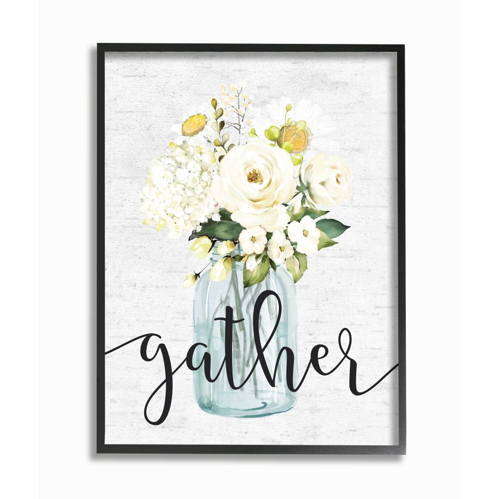 Stupell Industries Gather Phrase White Spring Bouquet Homey Sentiment Botanical & Floral Painting Black Framed Art Print Wall Art, 11 x 14