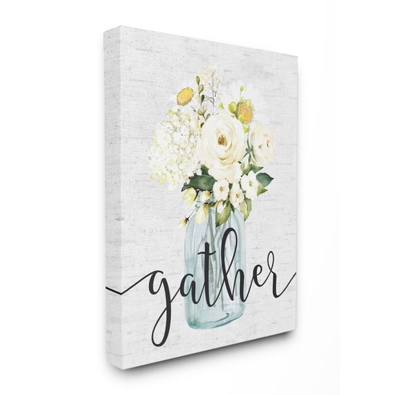 Stupell Industries Gather Phrase White Spring Bouquet Homey Sentiment Botanical & Floral Painting Gallery Wrapped Canvas Art Print Wall Art, 16 x 20