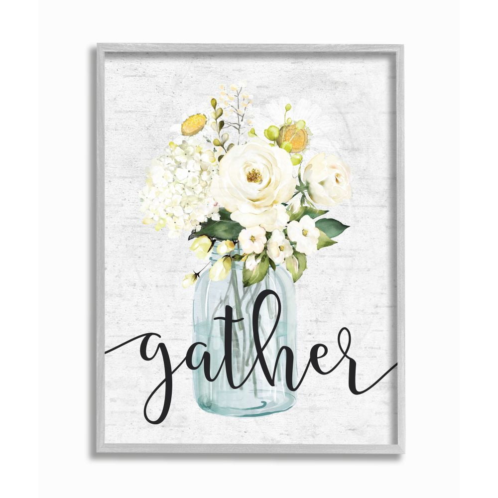 Stupell Industries Gather Phrase White Spring Bouquet Homey Sentiment Framed Wall Art Design by Lettered and Lined, 11" x 14", Gray Framed