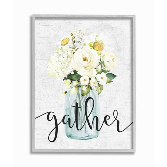 Stupell Industries Gather Phrase White Spring Bouquet Homey Sentiment Framed Wall Art Design by Lettered and Lined, 16" x 20", Gray Framed