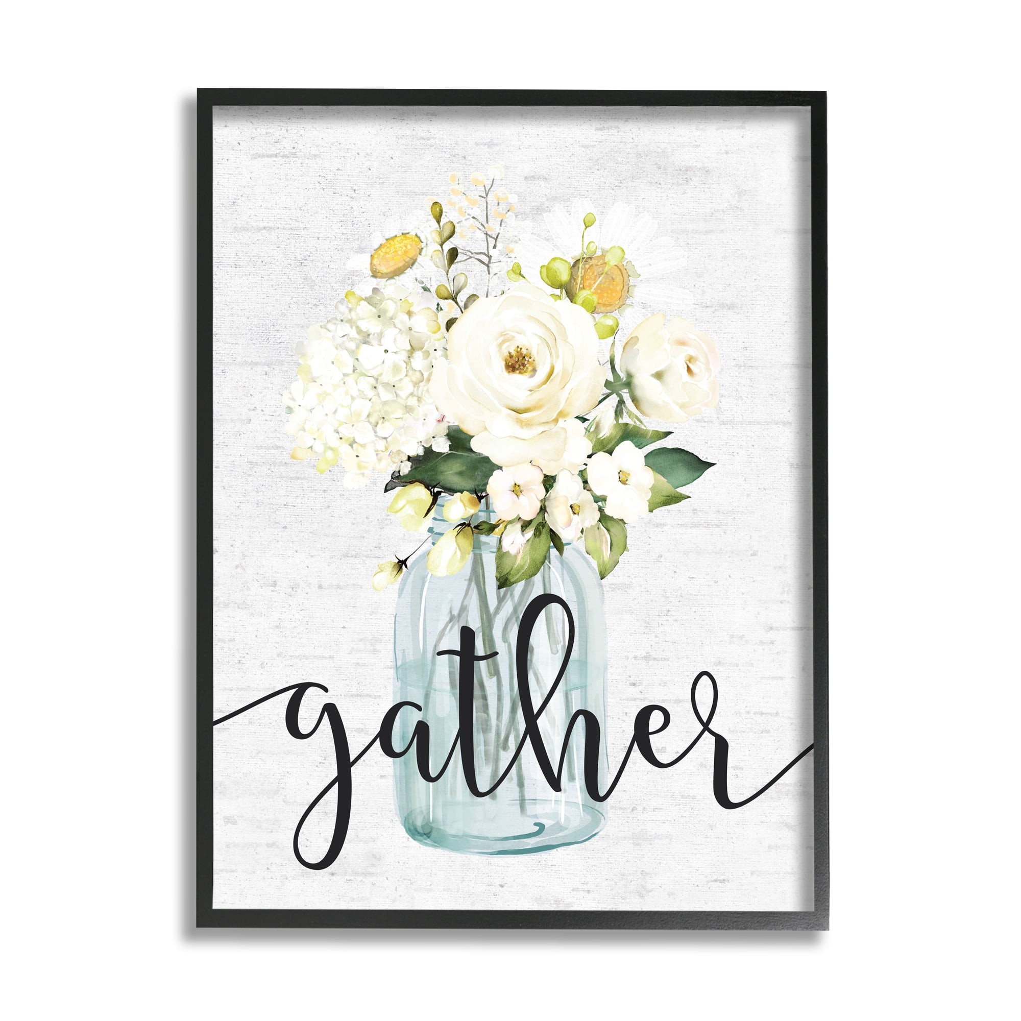Stupell Industries Gather Phrase White Spring Bouquet Homey Sentiment Framed Wall Art Design by Lettered and Lined, 24" x 30", Black Framed