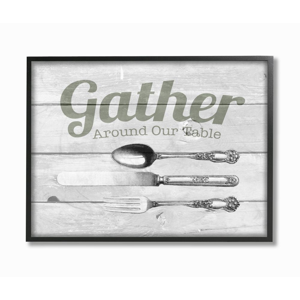 Stupell Industries Gather Silverware Kitchen Wood Texture Word Design Graphic Art Black Framed Art Print Wall Art, 24x30, by The Saturday Evening Post