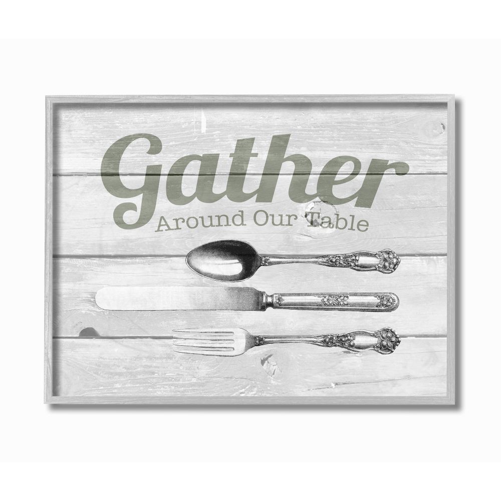Stupell Industries Gather Silverware Kitchen Wood Texture Word Design Graphic Art Gray Framed Art Print Wall Art, 16x20, by The Saturday Evening Post