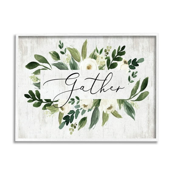 Stupell Industries Gather Text White Flower Green Botanicals Distressed Pattern, 14 x 11,Design by Lettered and Lined