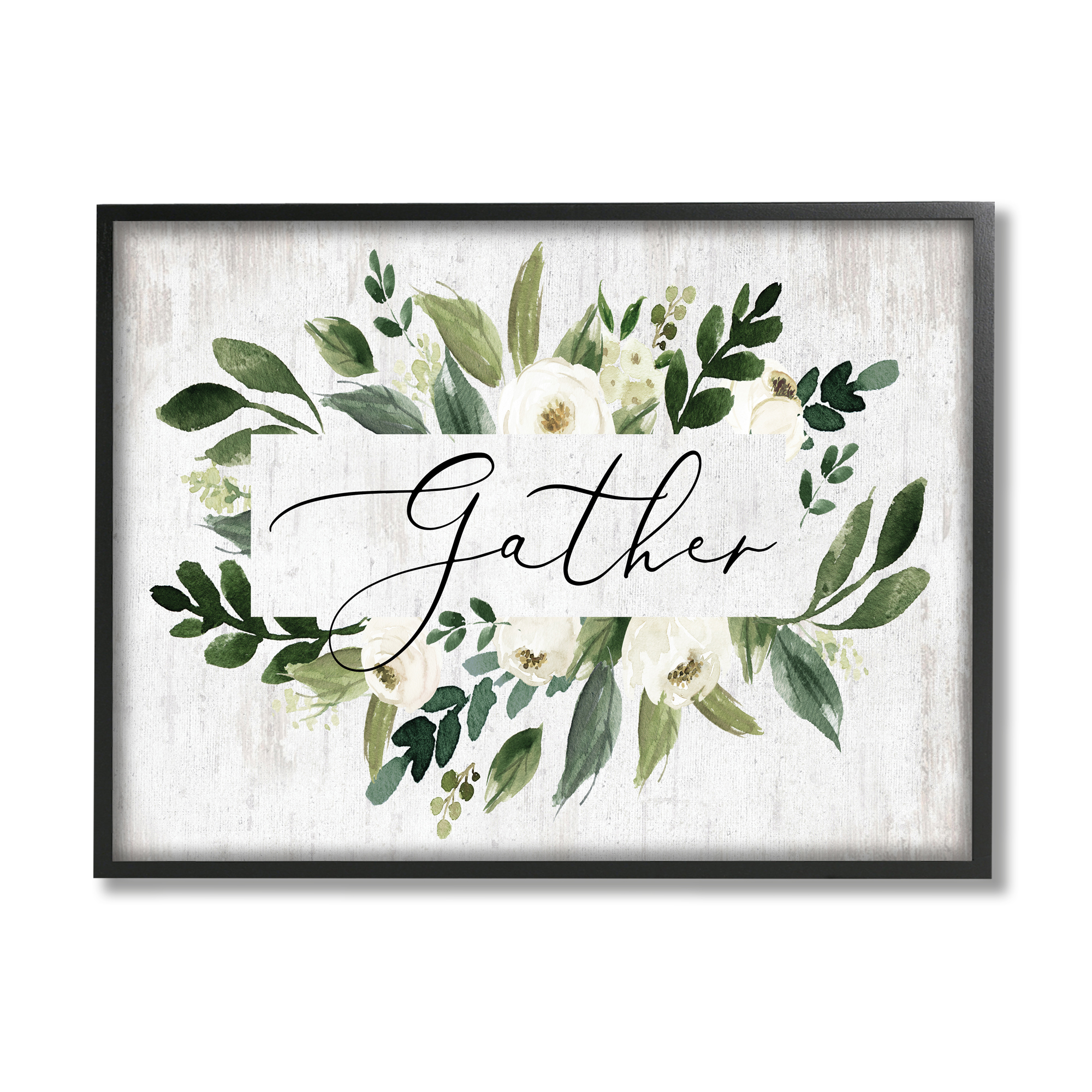 Stupell Industries Gather Text White Flower Green Botanicals Distressed Pattern, 14 x 11,Design by Lettered and Lined