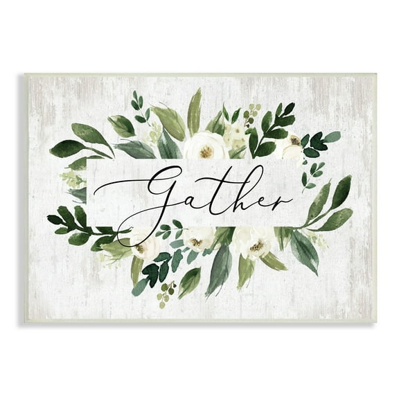 Stupell Industries Gather Text White Flower Green Botanicals Distressed Pattern, 15 x 10,Design by Lettered and Lined