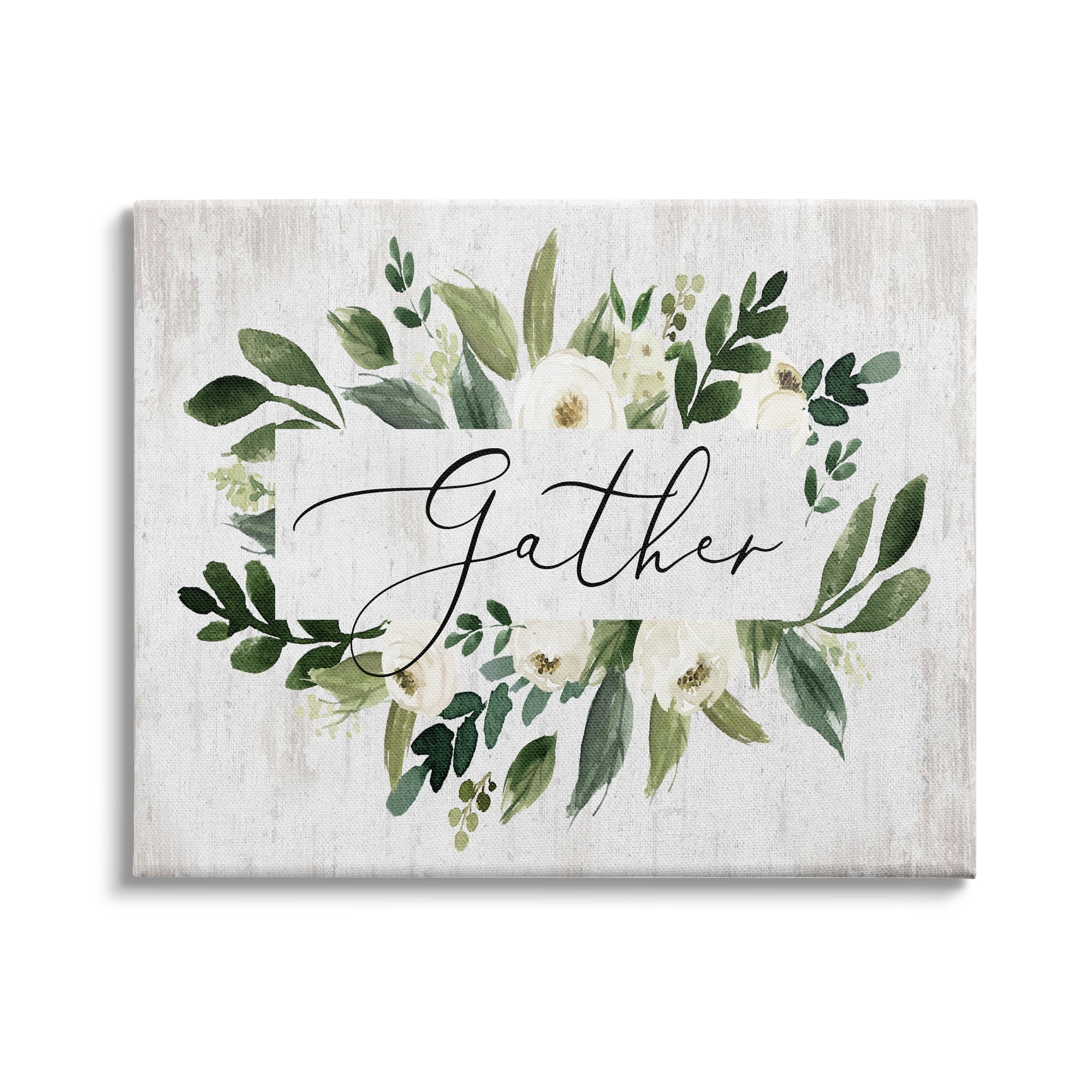 Stupell Industries Gather Text White Flower Green Botanicals Distressed Pattern, 40 x 30,Design by Lettered and Lined