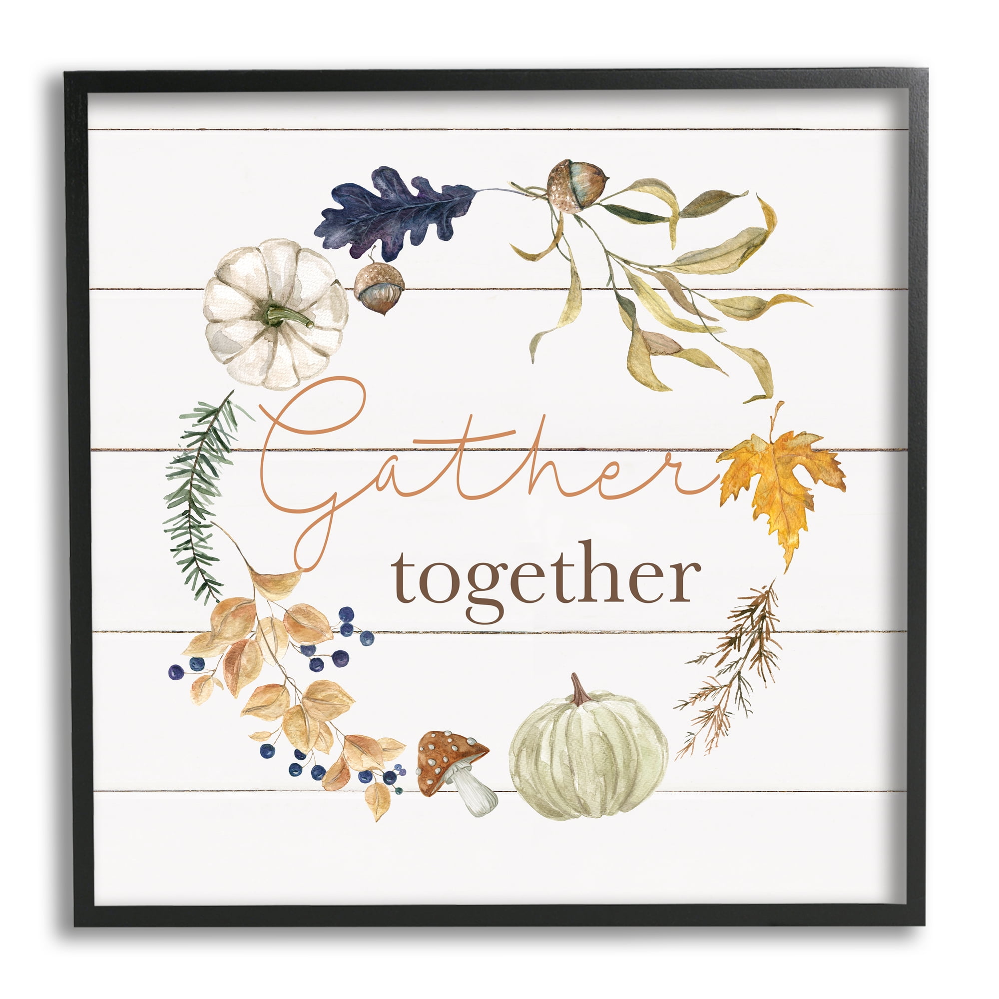 Stupell Industries Gather Together Autumn Wreath Botanical & Floral Painting Black Framed Art Print Wall Art, 24 x 24