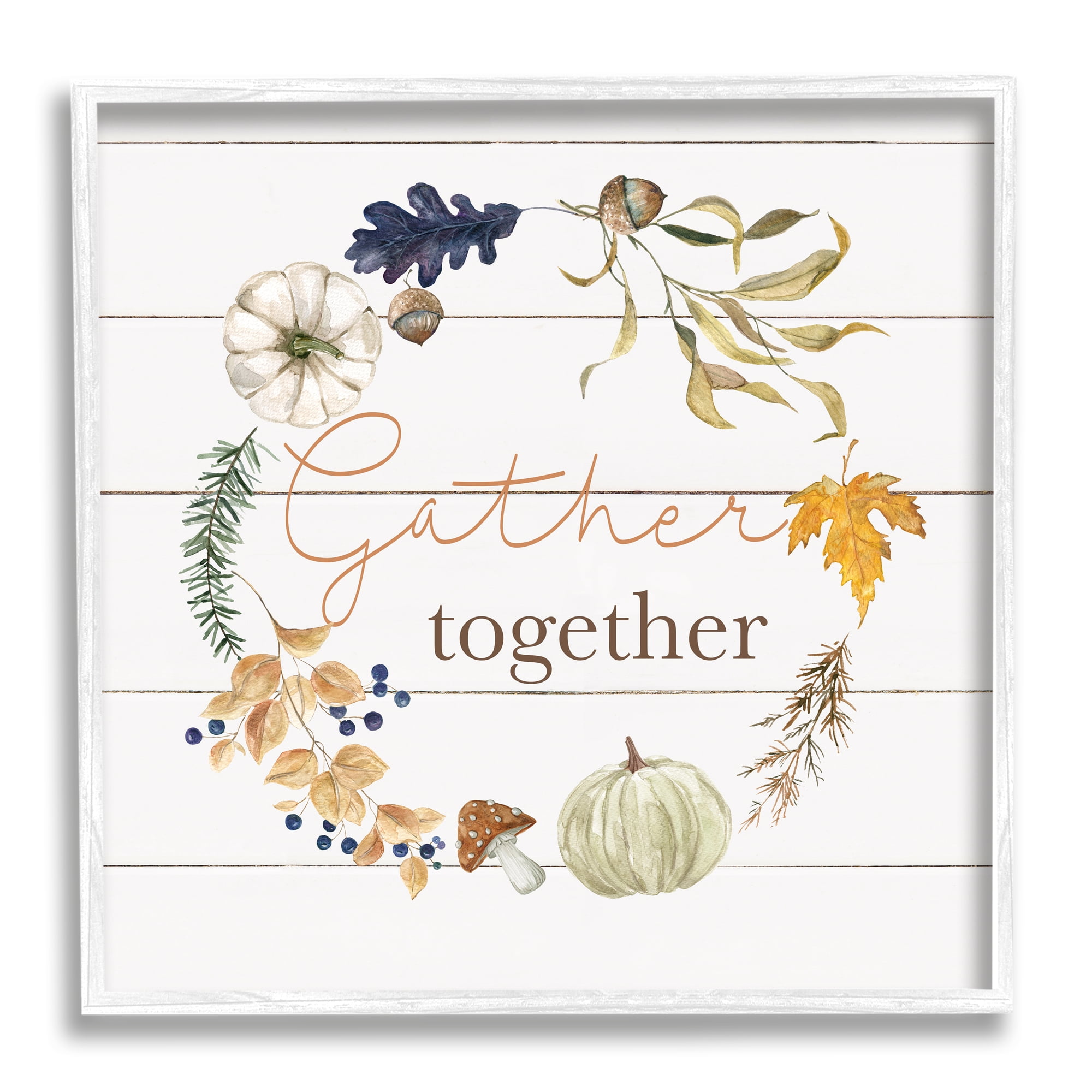 Stupell Industries Gather Together Autumn Wreath Botanical & Floral Painting White Framed Art Print Wall Art, 24 x 24